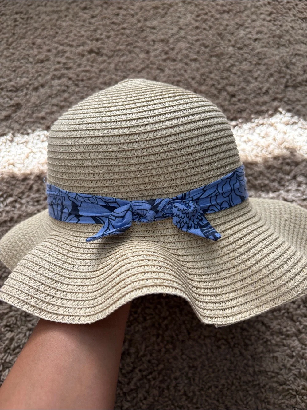 Kids Straw Sun Hat with Blue Floral Band